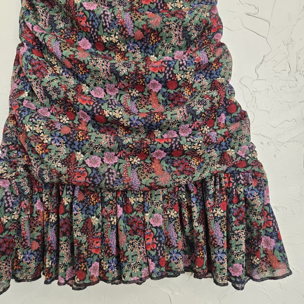 Lulu's Floral Mesh Ruched Green Pink Dress, M - Picture 11 of 14